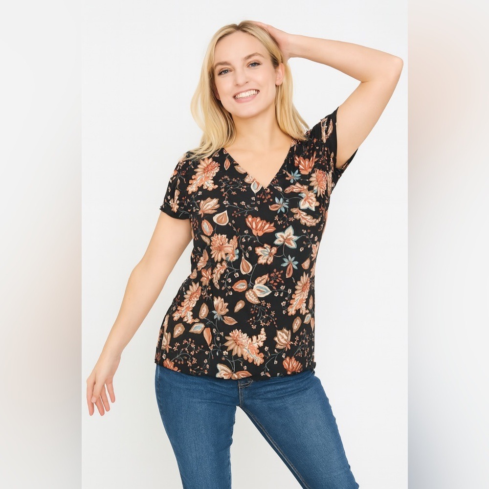 Ninety Floral Print Top Short Sleeve V-Neck Black‎ Multicolor Small